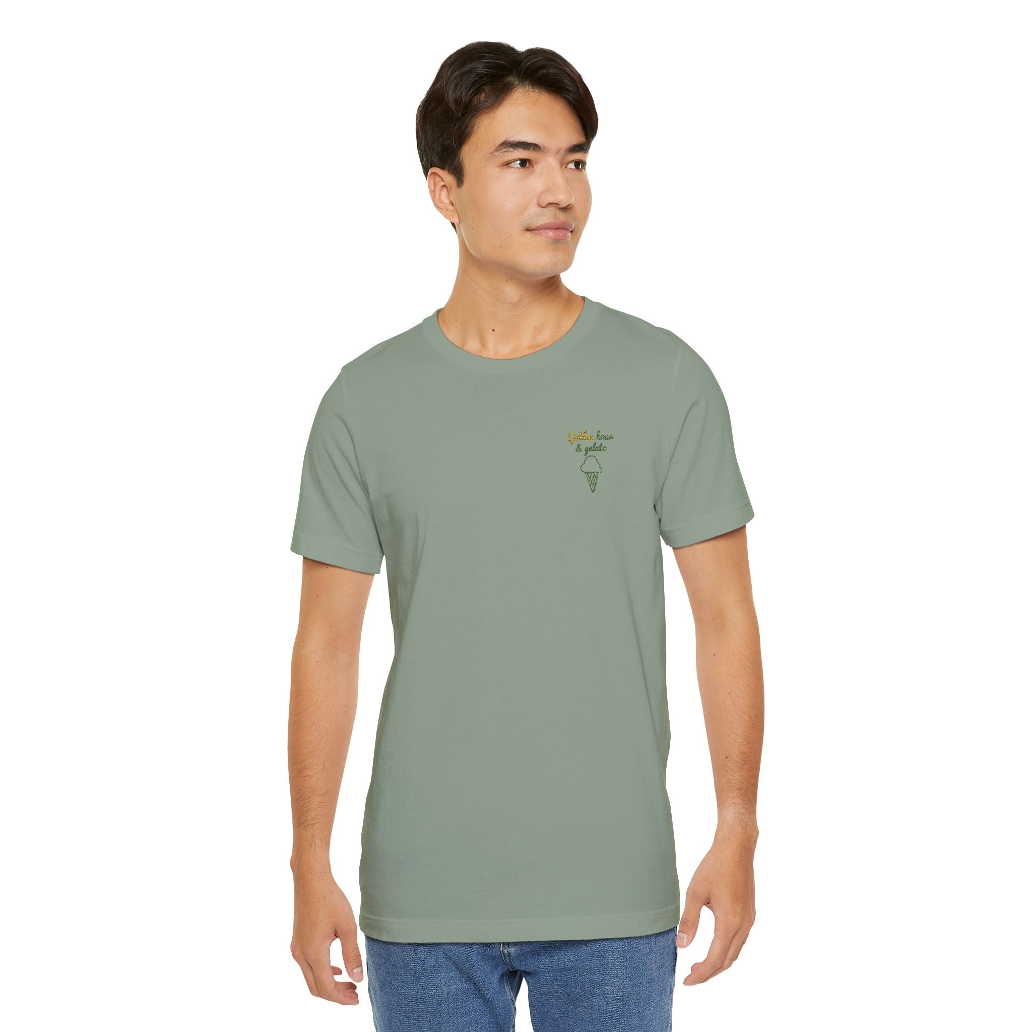 Men's Embroidered Timeless "Golden Hour & Gelato" Classic Soft Tee, 100% Cotton. - Designed in Italy