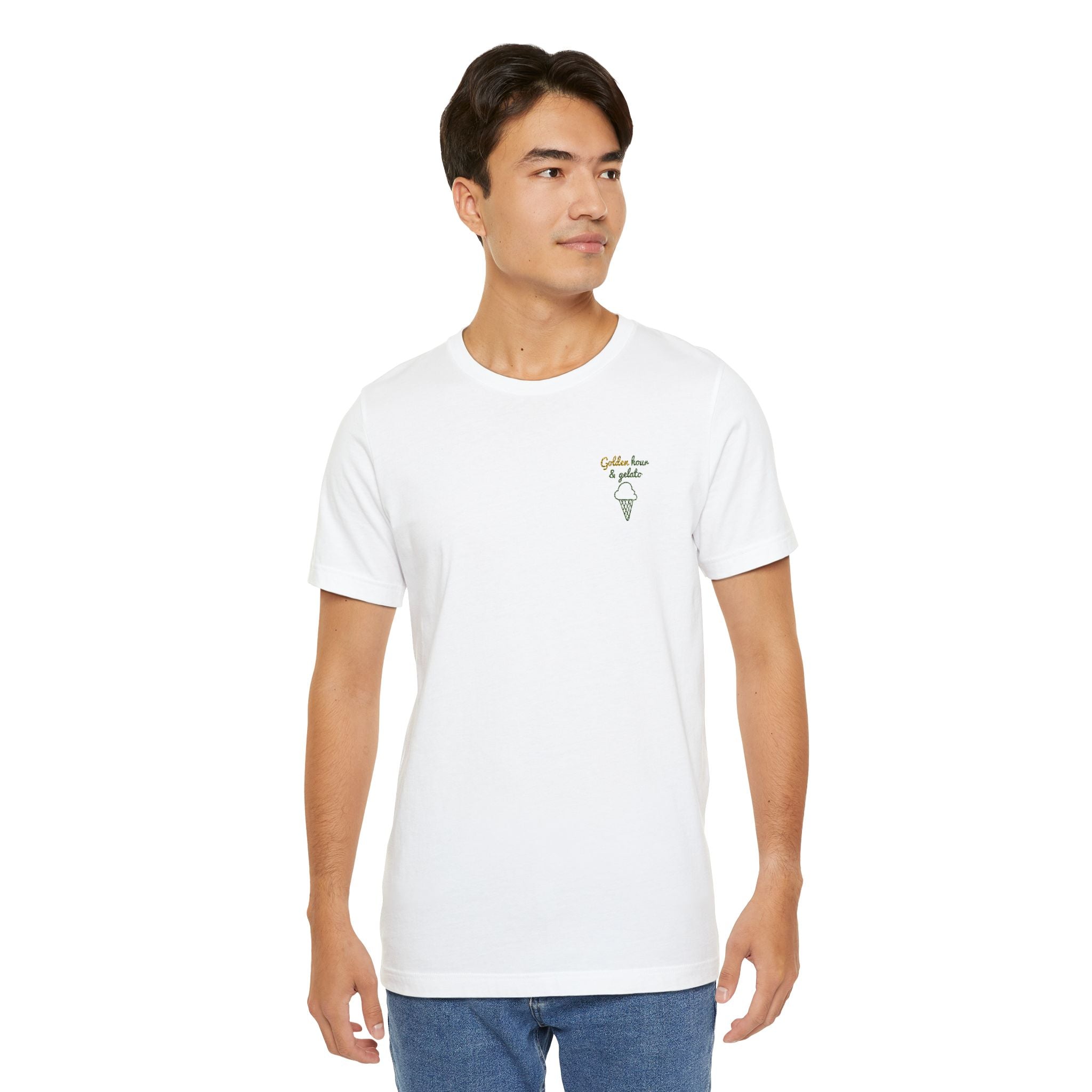 Men's Embroidered Timeless "Golden Hour & Gelato" Classic Soft Tee, 100% Cotton. - Designed in Italy