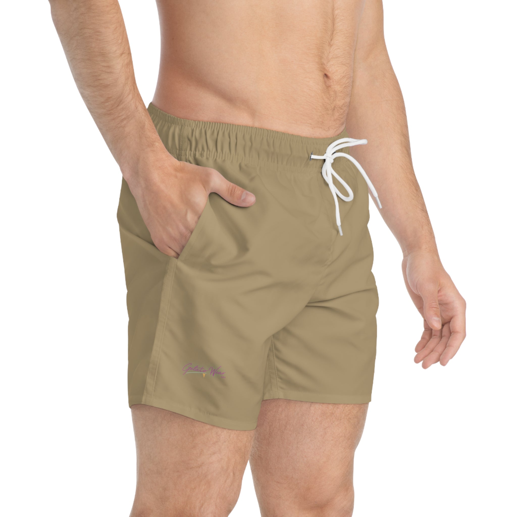 Stylish Signature Men's Swim Shorts, Subtle Colour of "Caffe" Flavour. - Designed in Italy