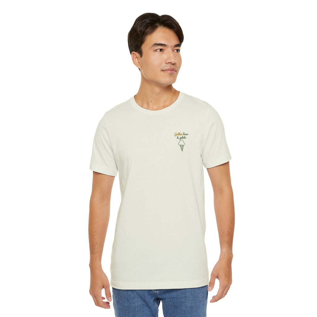 Men's Embroidered Timeless "Golden Hour & Gelato" Classic Soft Tee, 100% Cotton. - Designed in Italy