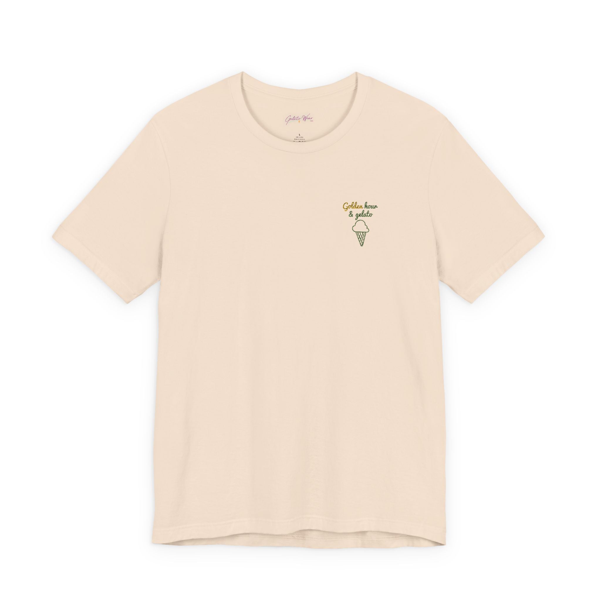 Men's Embroidered Timeless "Golden Hour & Gelato" Classic Soft Tee, 100% Cotton. - Designed in Italy