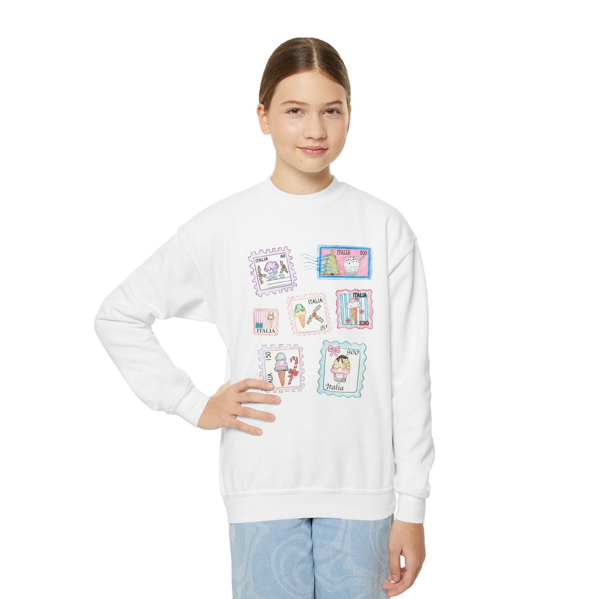 Christmas Postage Stamps Gelato Youth Crewneck Sweater