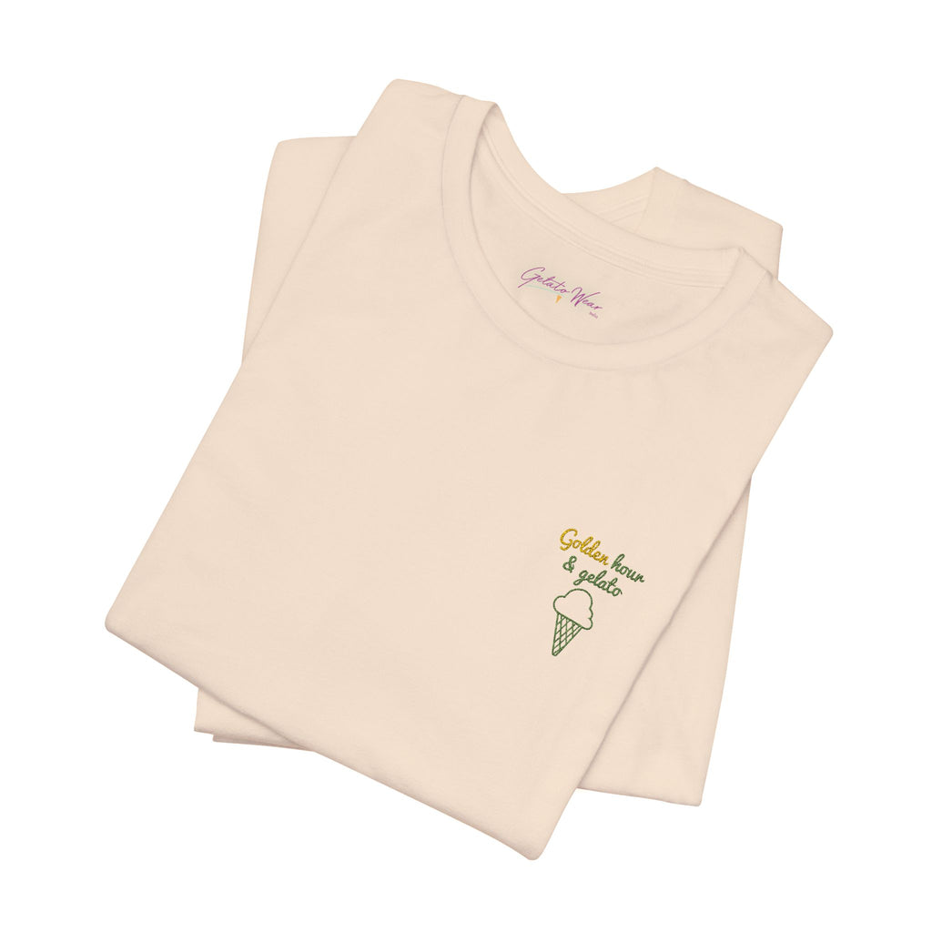 Men's Embroidered Timeless "Golden Hour & Gelato" Classic Soft Tee, 100% Cotton. - Designed in Italy