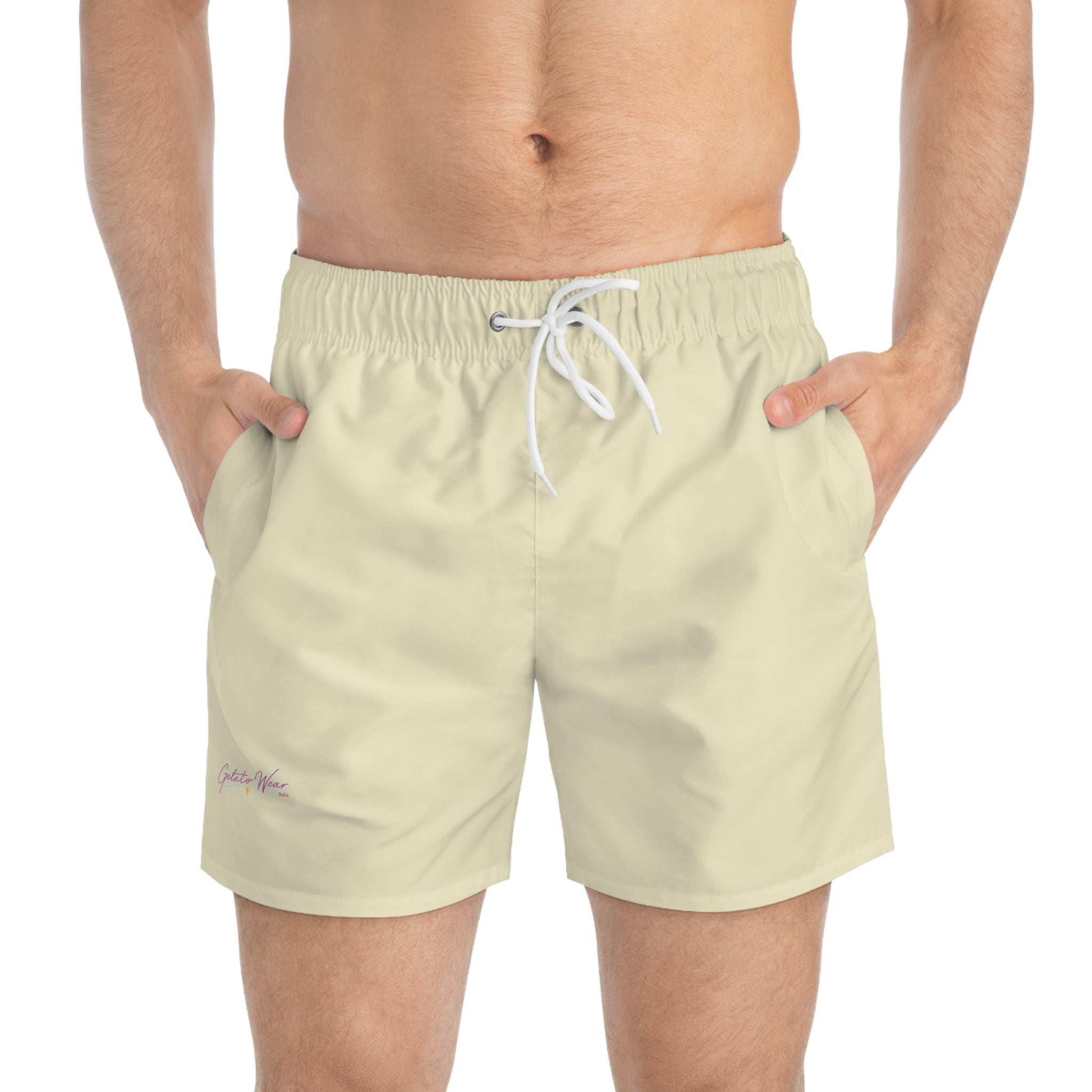 Stylish Signature Men's Swim Shorts, Subtle Colour of "Crema" Flavour. - Designed in Italy