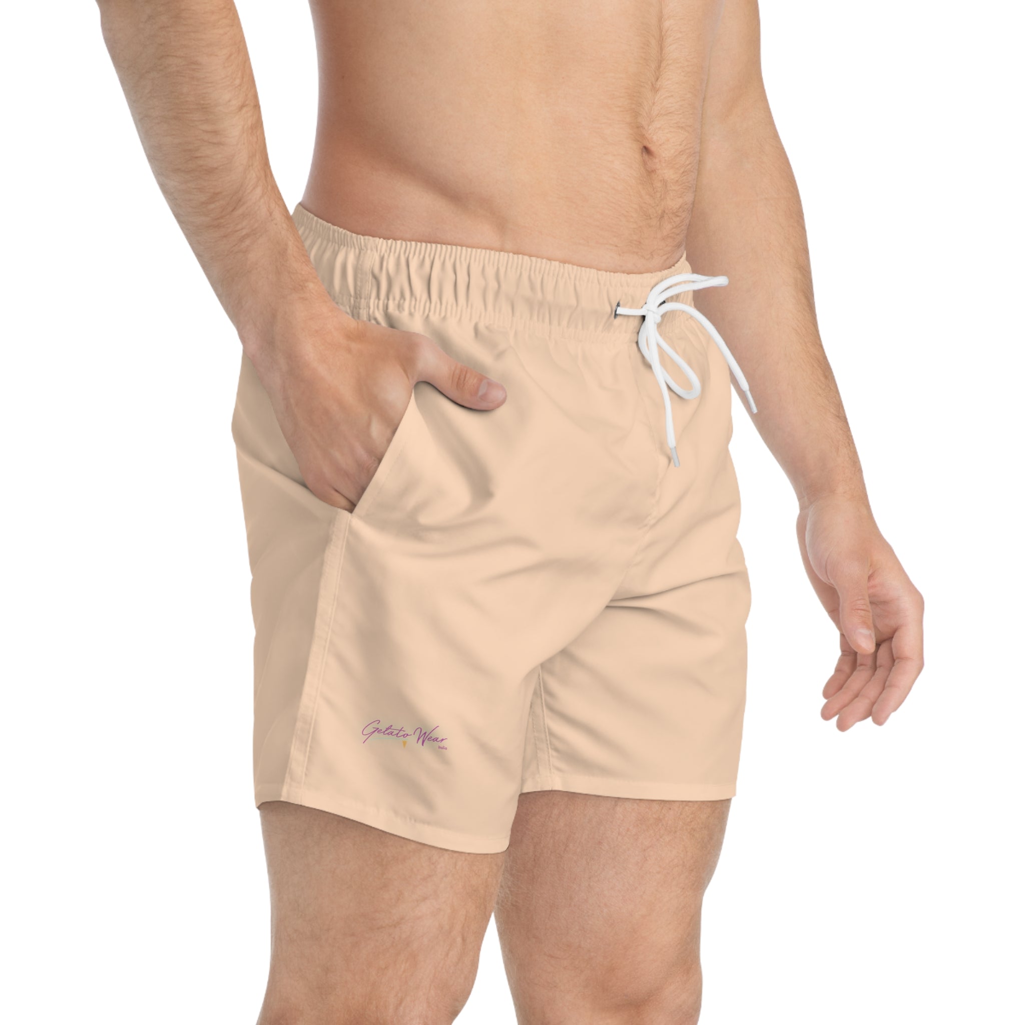 Stylish Signature Men's Swim Shorts, Subtle Colour of "Pesca" Flavour. - Designed in Italy