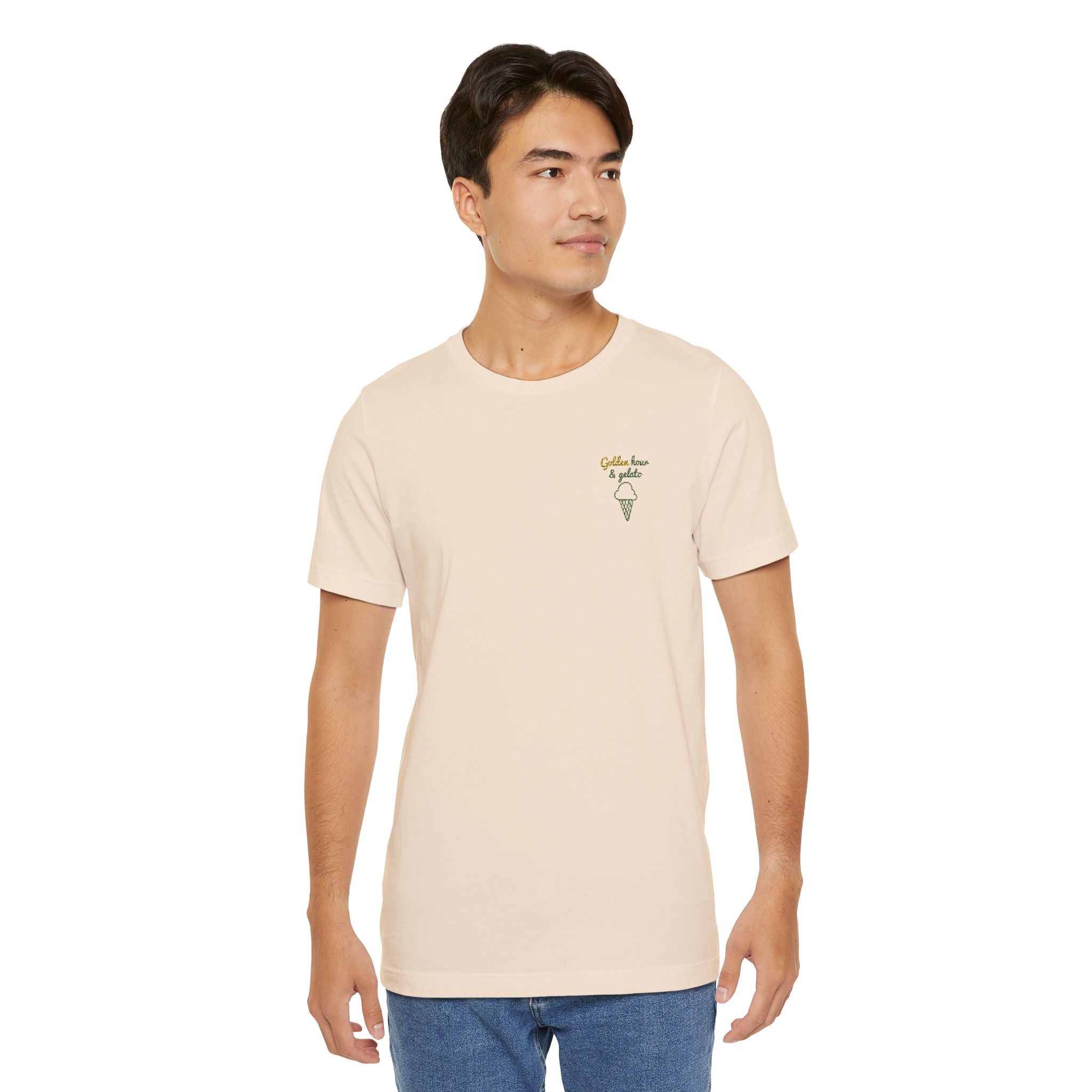 Men's Embroidered Timeless "Golden Hour & Gelato" Classic Soft Tee, 100% Cotton. - Designed in Italy