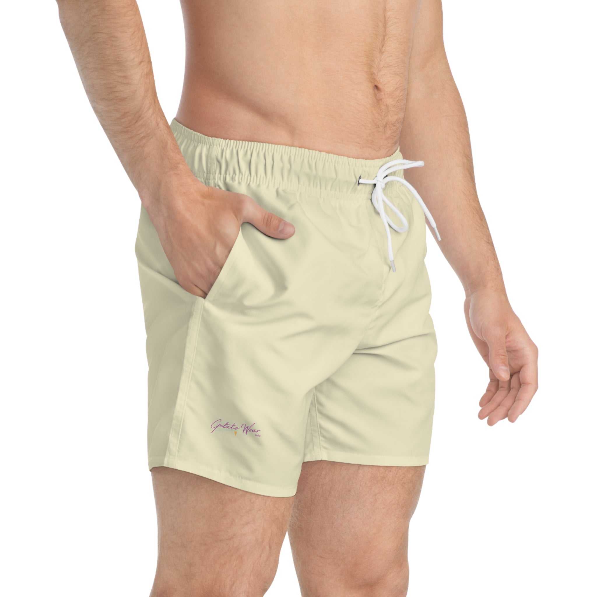 Stylish Signature Men's Swim Shorts, Subtle Colour of "Crema" Flavour. - Designed in Italy